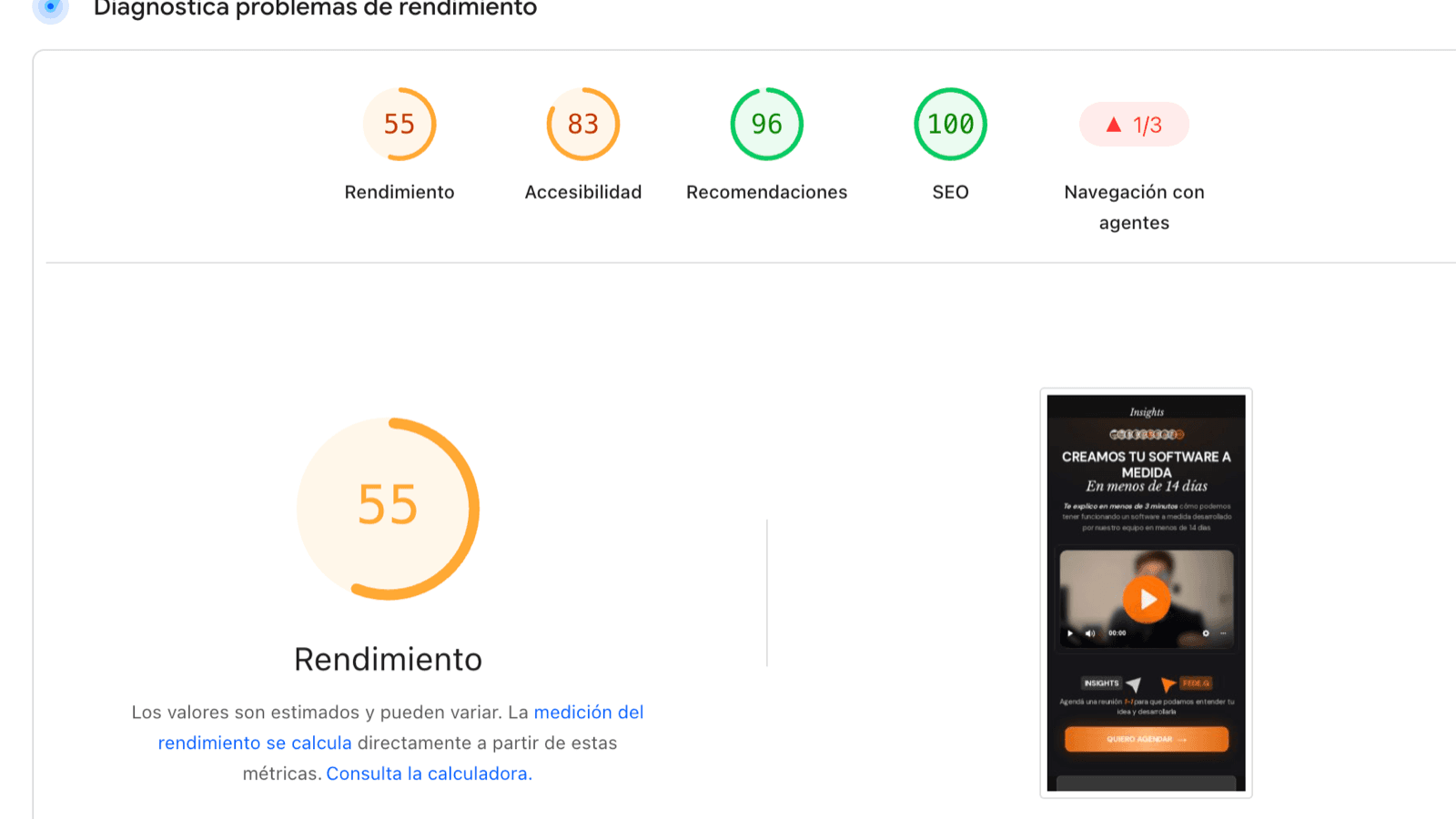 Reporte de PageSpeed de una página en GoHighLevel: rendimiento 55, accesibilidad 83.