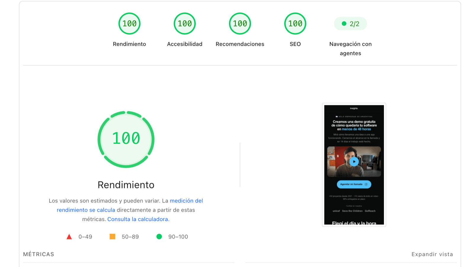 Reporte de PageSpeed de la misma página en Speed Funnels: rendimiento, accesibilidad, recomendaciones y SEO en 100.